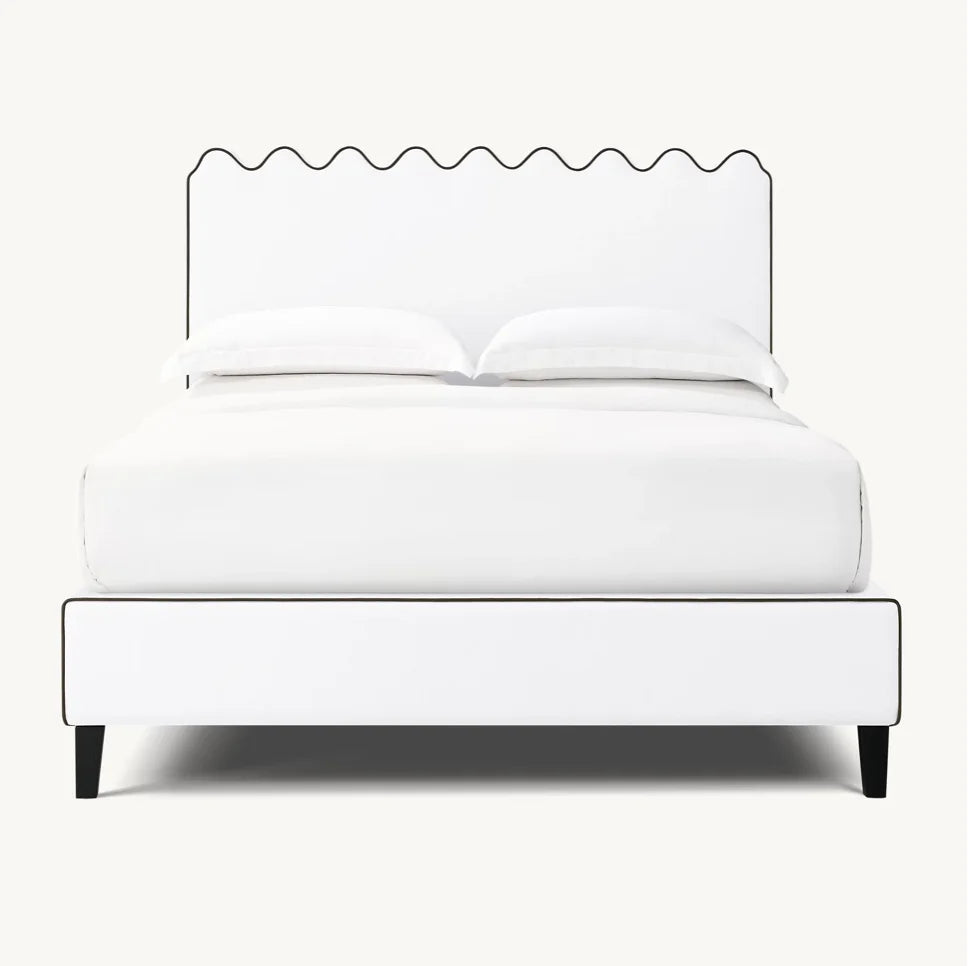Lucie Upholstered Panel Bed – Belgian Linen Contrast Piping Modern Statement Piece
