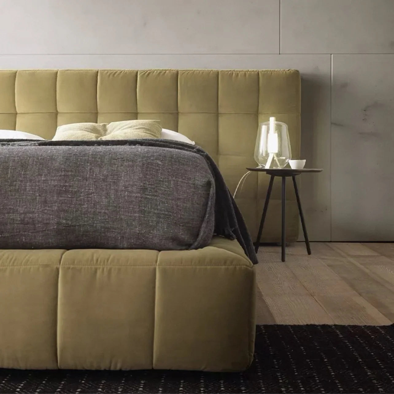 Minimalist Tofu Block Velvet Bed – Dark Khaki Upholstered Platform Frame