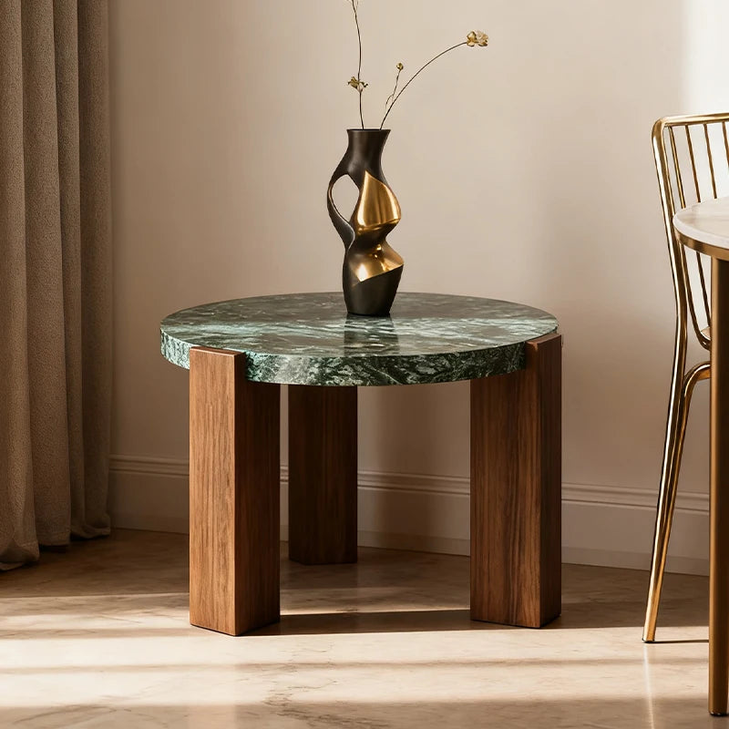 Modern Round Marble Coffee Table Solid Wood Base Minimalist Italian Style