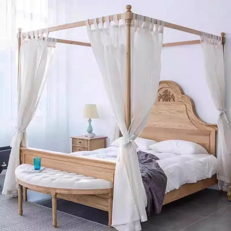 Four-Poster Bed – French Retro Natural Birch Wood Statement Piece | 259