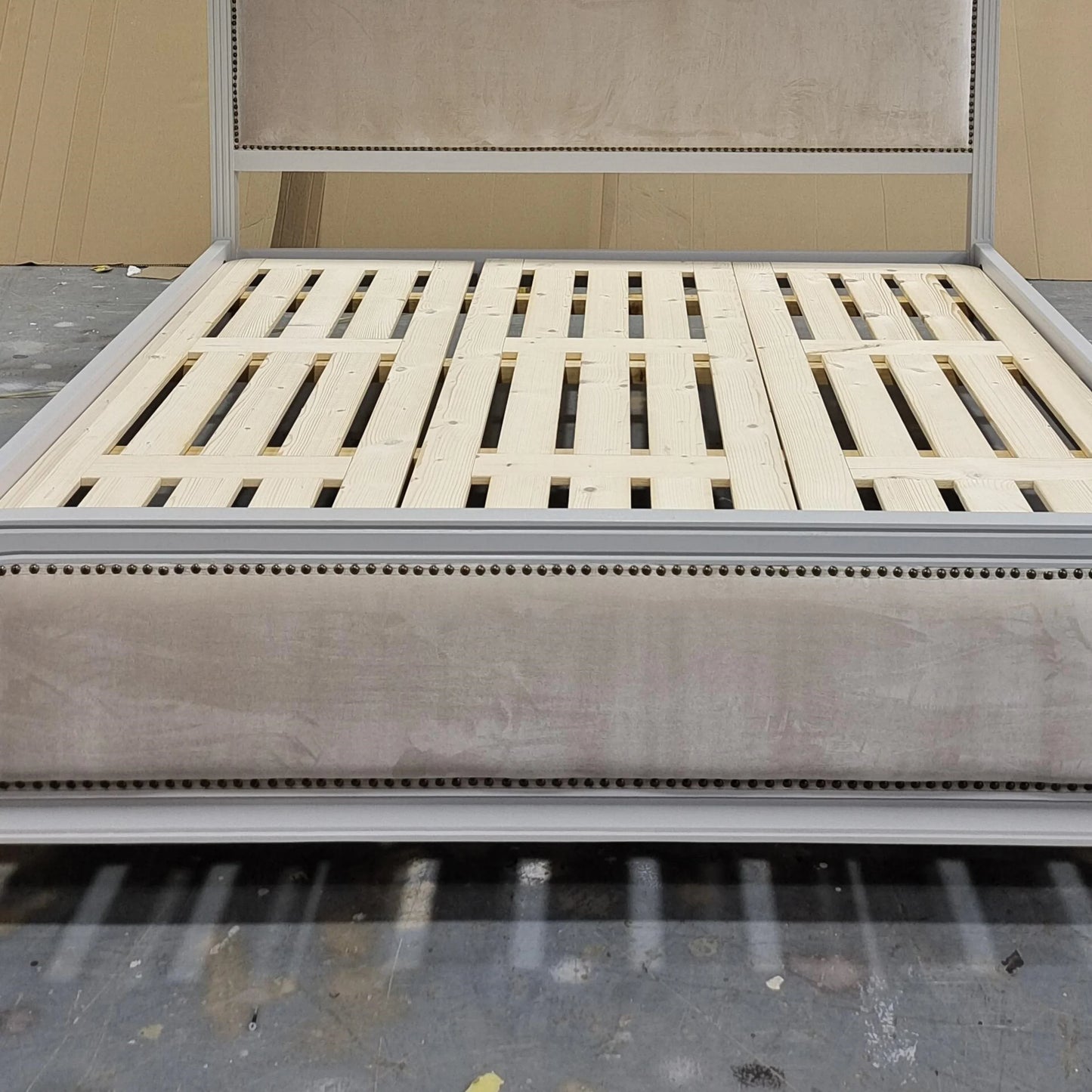 Upholstered Bed with Nailhead Trim – Velvet French Provincial Statement Piece