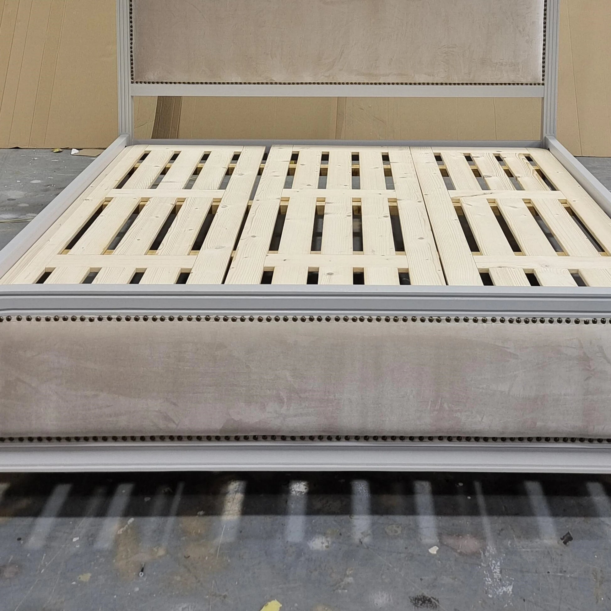 Upholstered Bed with Nailhead Trim – Velvet French Provincial Statement Piece