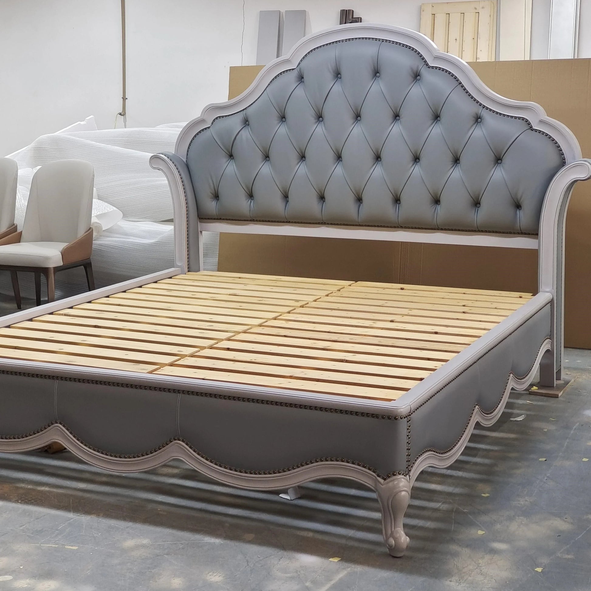 French Retro Solid Wood Bed – Curved Carved Design with Nail Trim
