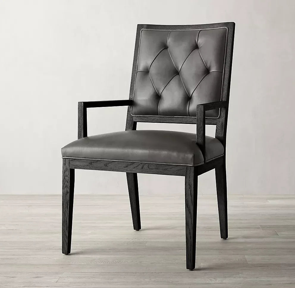 Tufted Leather Dining Chair – Solid Oak Mid-Century Statement Piece | 1600417066464