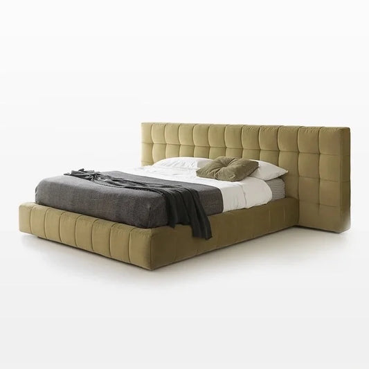 Minimalist Tofu Block Velvet Bed – Dark Khaki Upholstered Platform Frame