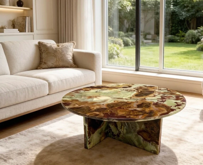 Modern Minimalist Green Jade Marble Round Coffee Table