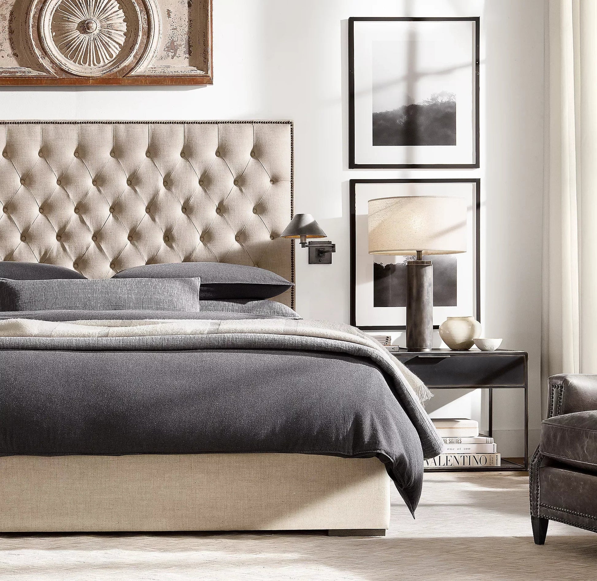 Midcentury French Panel Bed – Diamond-Tufted Wing Design in Brushed Oak Statement Piece | 1600681054680