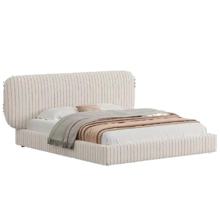 Upholstered Bed – Arc-Shaped Stripe Velvet Rice White – Minimalist Statement Piece