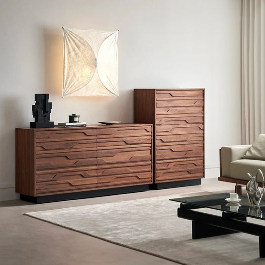 Modern Six-Drawer Chest Cabinet 59" – Birch Wood & Stainless Steel Statement | 111