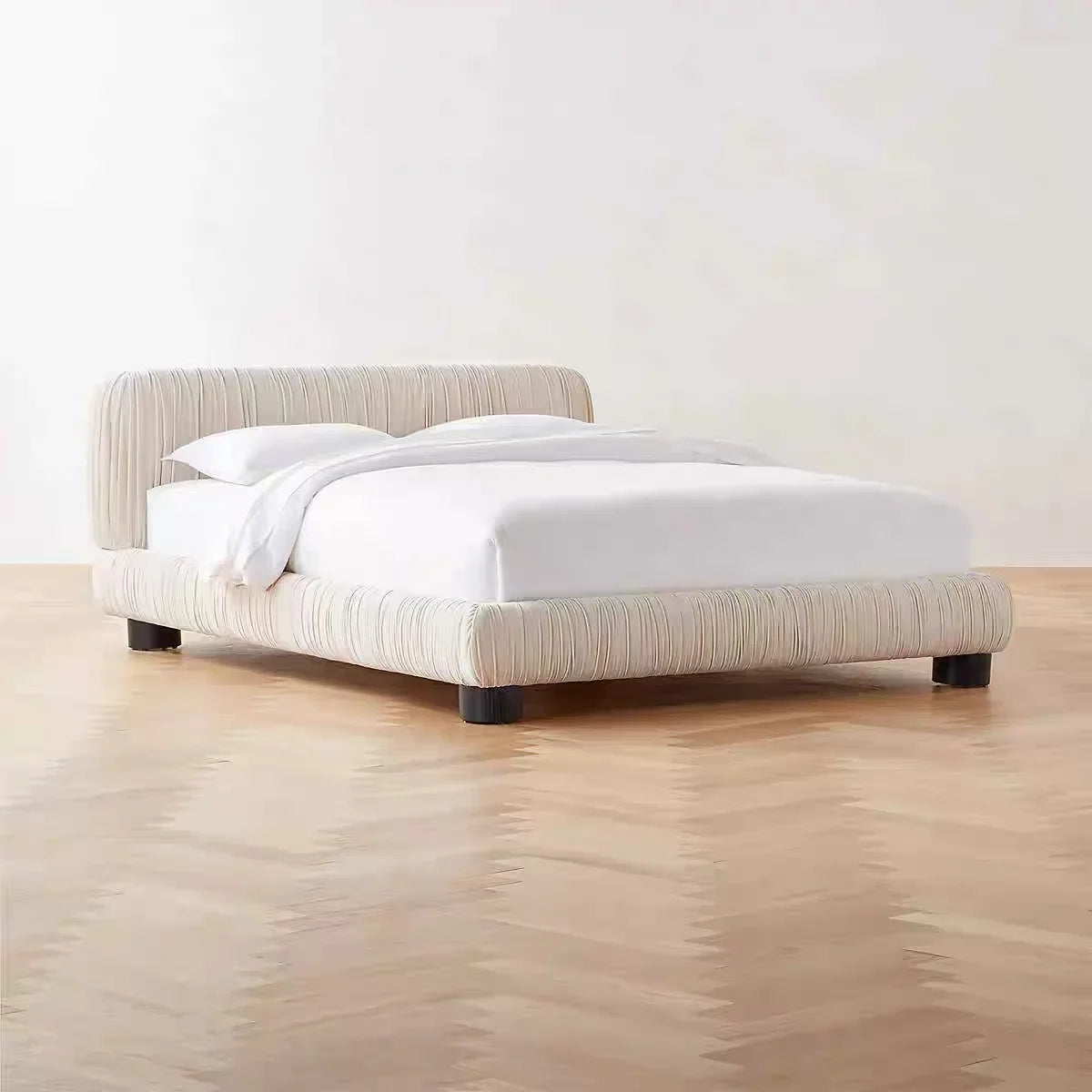 Upholstered Bed – Pleated Cream Velvet Minimalist French Vintage Style