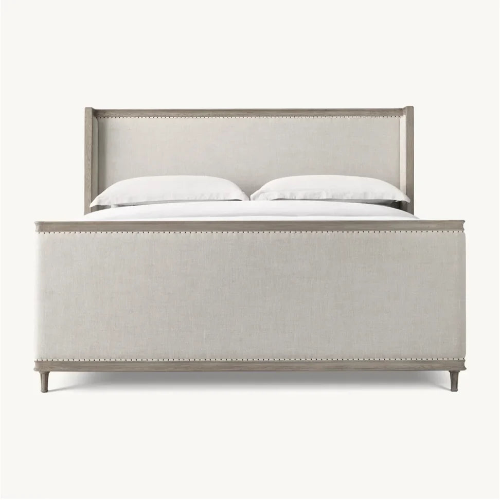 French Antique Shelter Bed – Tufted Upholstered Frame in Antiqued Oak – European Designer Statement Piece