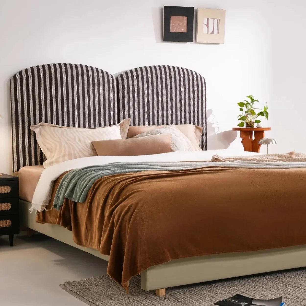 French Vintage Bed – Tufted High Back Zebra Striped Designer Statement