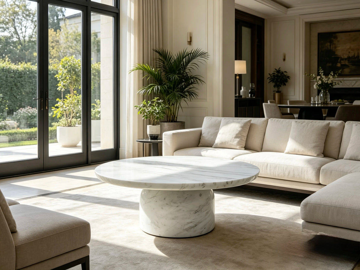 Luxury Round Natural Marble Coffee Table Solid Base Modern Minimalist Italian Style