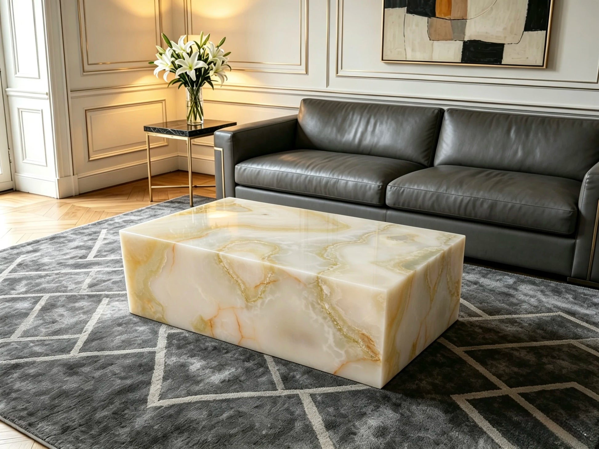 Luxury Rectangular Green Jade Marble Coffee Table Modern Italian Style for Villa