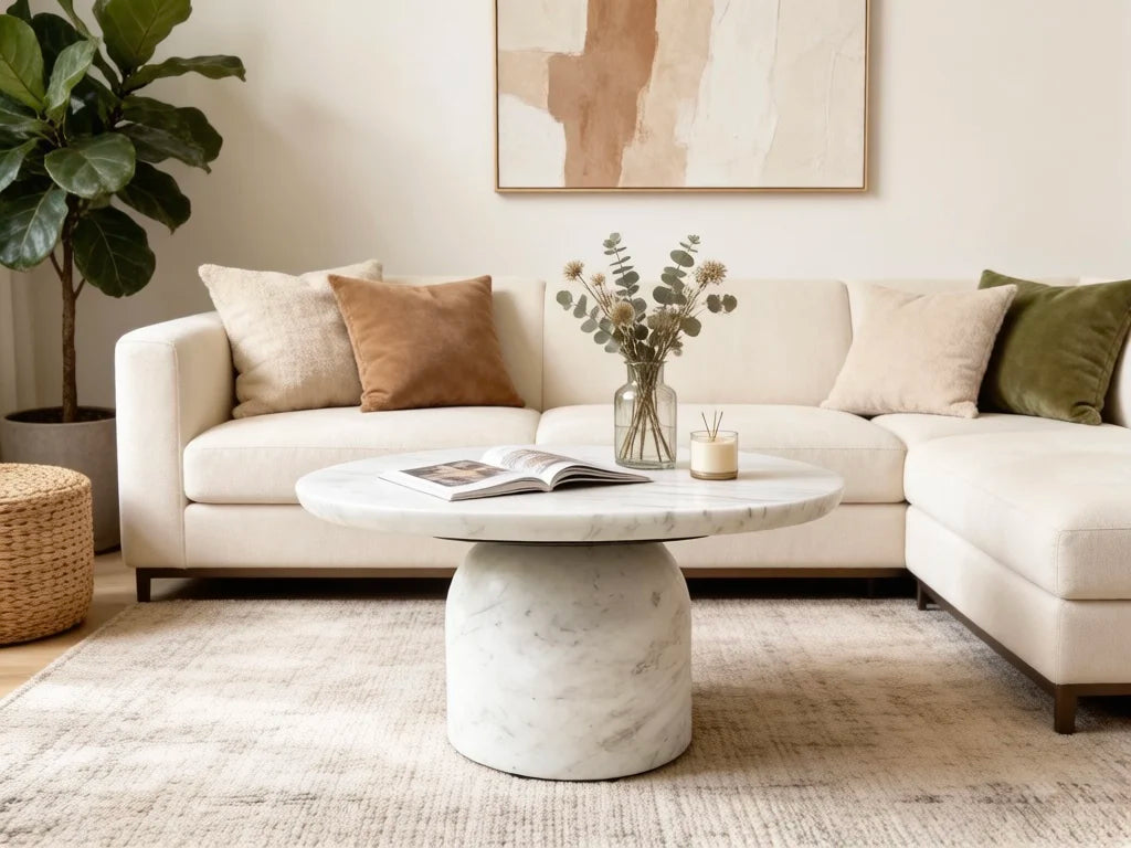 Luxury Round Natural Marble Coffee Table Solid Base Modern Minimalist Italian Style