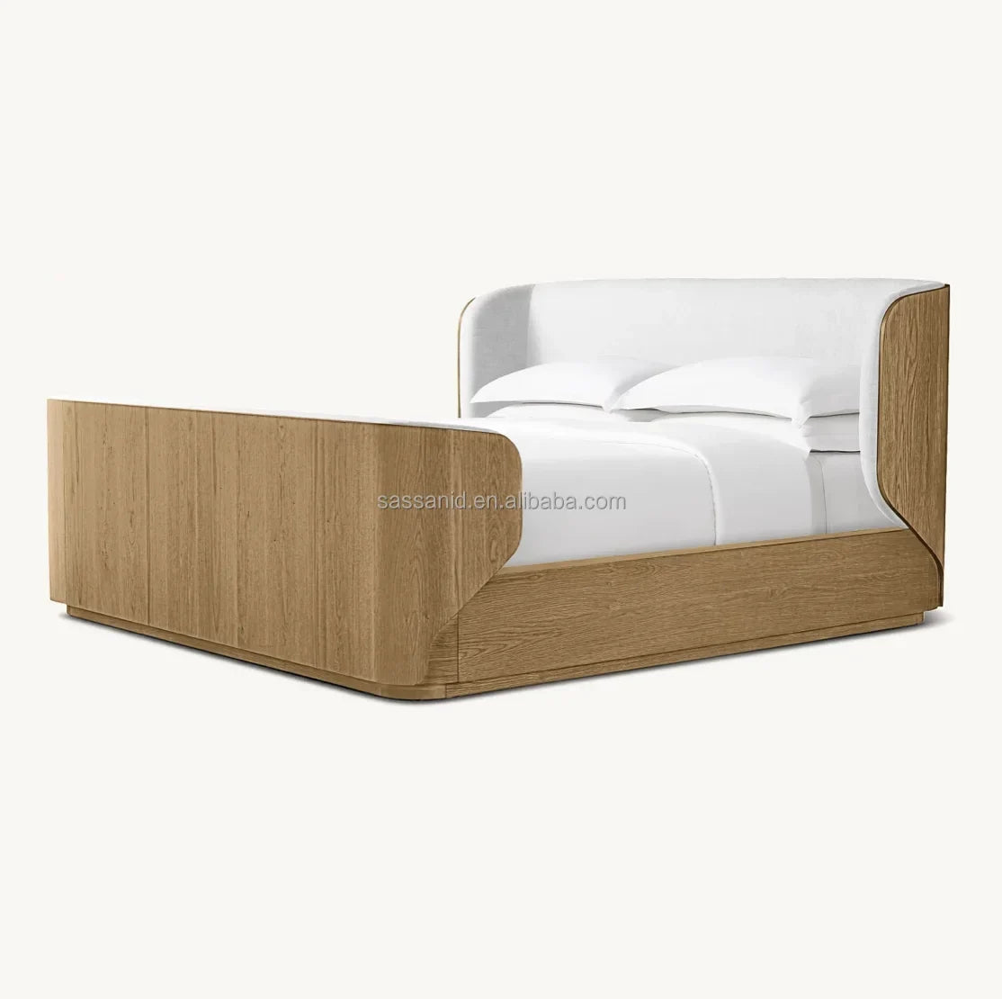 Shelter Bed with Upholstered Headboard – European-Inspired Oak Wood Statement Piece