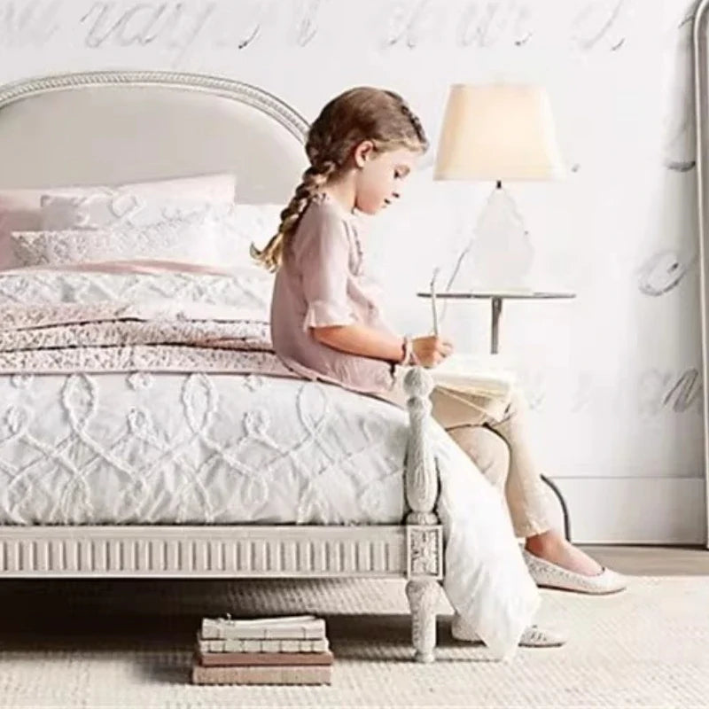 French Light Luxury Solid Wood Children's Single Bed – Retro White Carved Design