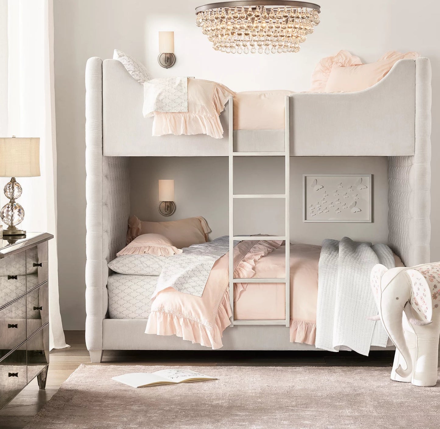 Upholstered Bunk Bed – Tufted Art Moderne Design – White Fabric Statement Piece