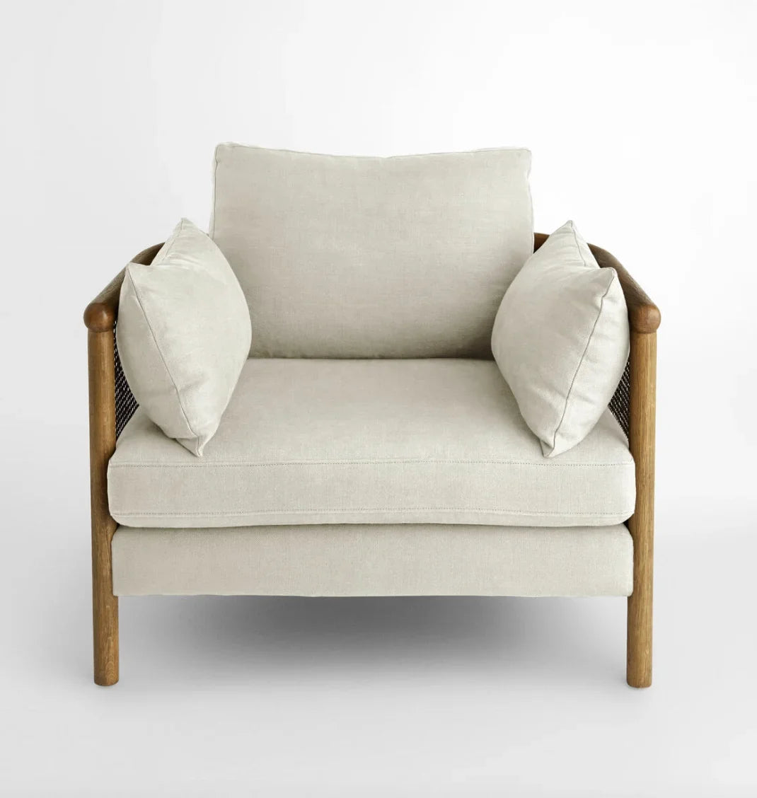 1960s-Style Armchair – Mid-Century Modern Linen – Solid Oak Frame Statement Piece