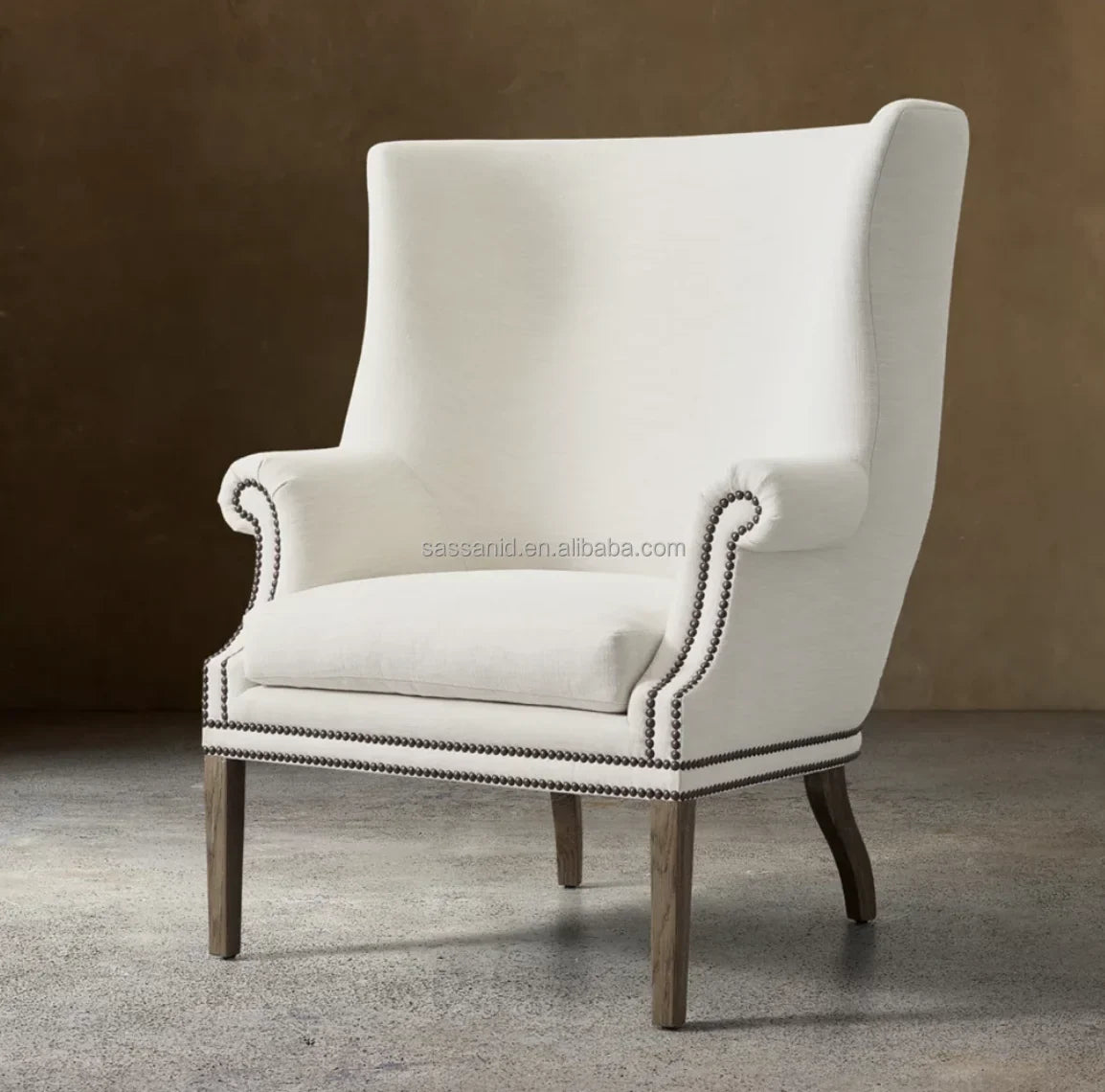 Ellsworth Tufted Wing Chair – Solid Oak Frame with Nailhead Detail – Mid-Century Inspired Statement Piece