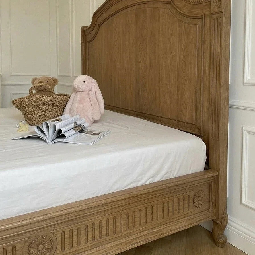 French Retro Carved Bed – Antique Birch Solid Wood Statement Piece | 26-31