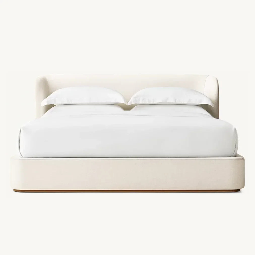 Upholstered Shelter Bed – Sculptural Platform Design in Brushed Oak – Contemporary Bedroom Piece