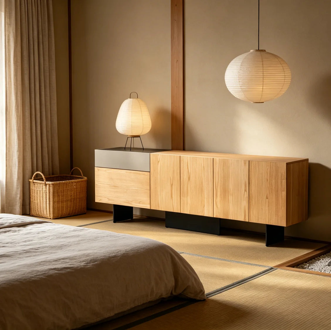 Natural Ash Wood Veneer Minimalist Dresser with Metal Frame