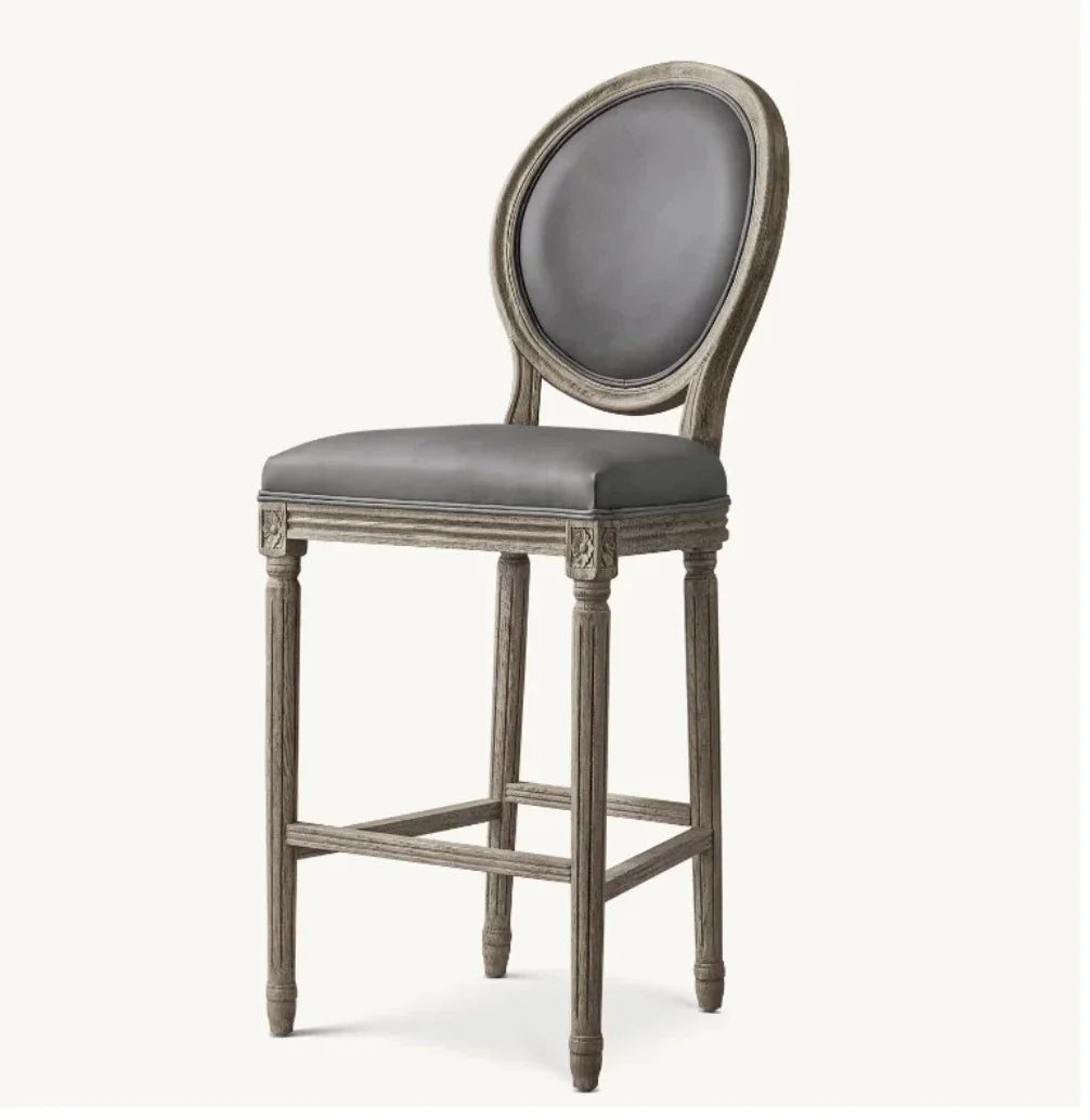 Vintage French Contemporary Bar & Counter Stool – Round Back Solid Oak & Leather Statement Piece