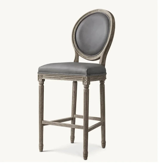 Vintage French Contemporary Bar & Counter Stool – Round Back Solid Oak & Leather Statement Piece
