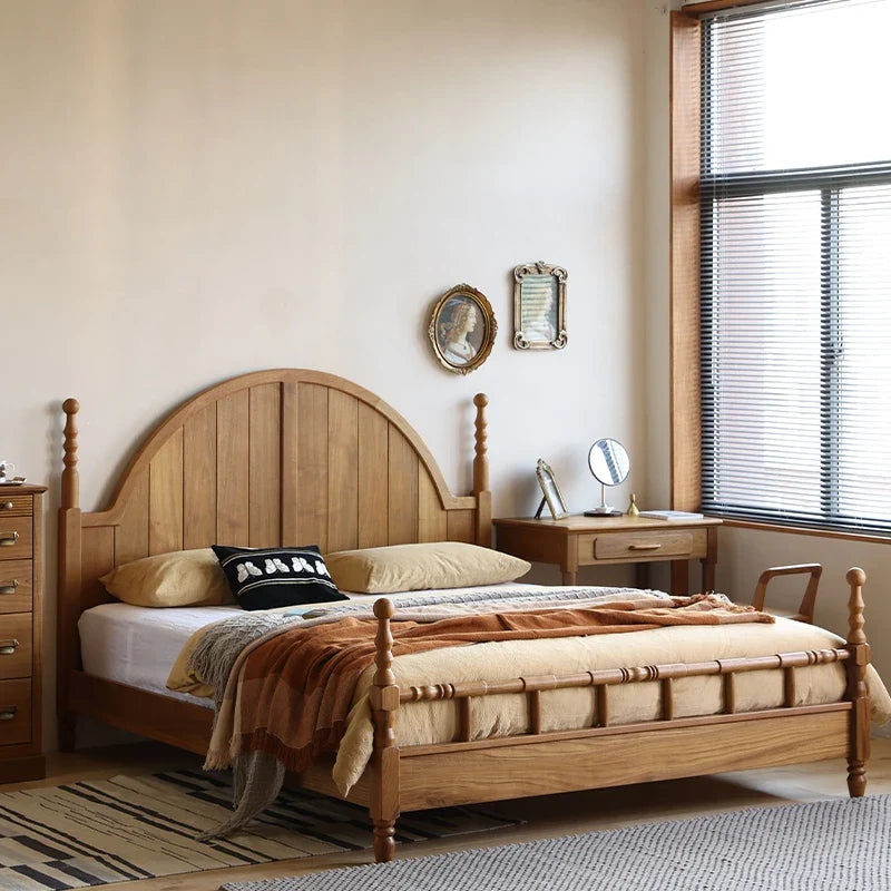 French Retro Solid Wood Bed – Hand-Carved Birch Master Bedroom Statement Piece | 847