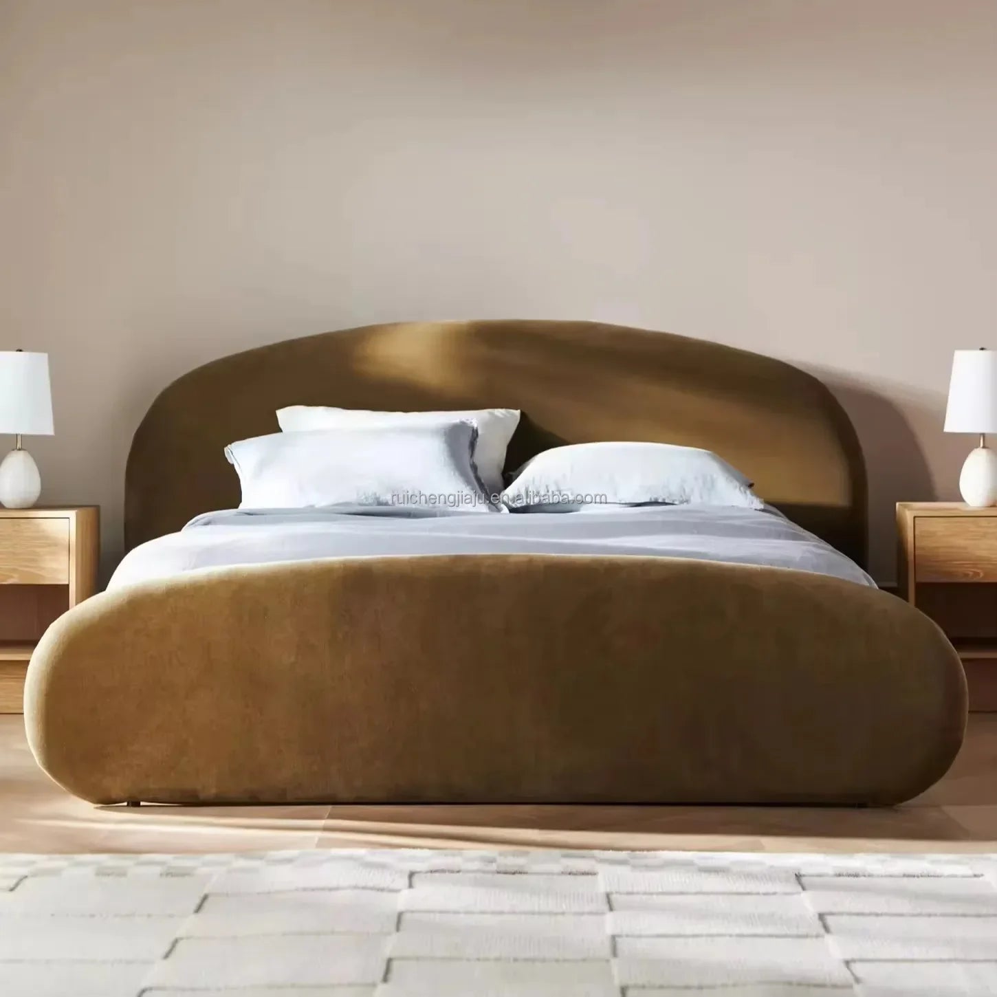 Wabi-sabi Upholstered Bed – Curved Soft-sided Frame in Velvet