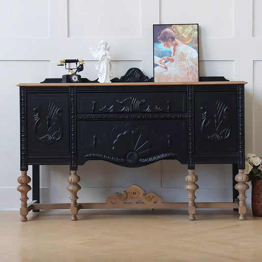 French Provincial Console Cabinet – Solid Birch Wood Carving Statement Piece