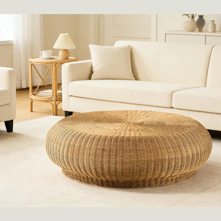 Round Rattan Ottoman Natural PE Rattan Aluminium Frame Indoor Outdoor Pouf Stool