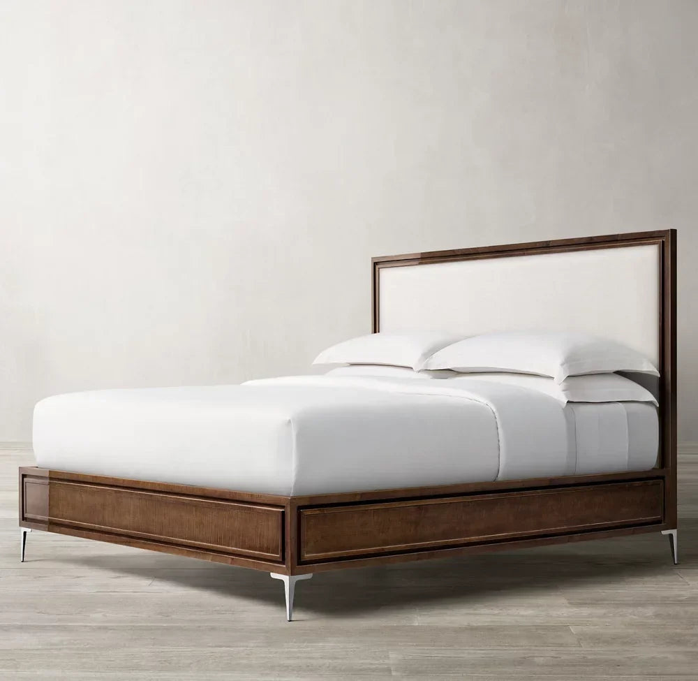 Benoit Fabric Panel Bed – Contemporary Sculptural Upholstered Bed in Lacquered Sable & Stainless Steel