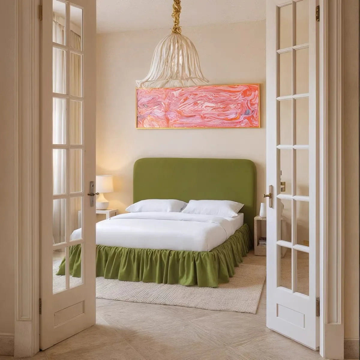 Velvet Upholstered Bed – Retro Hemmed Green Finish French Minimalist Statement Piece