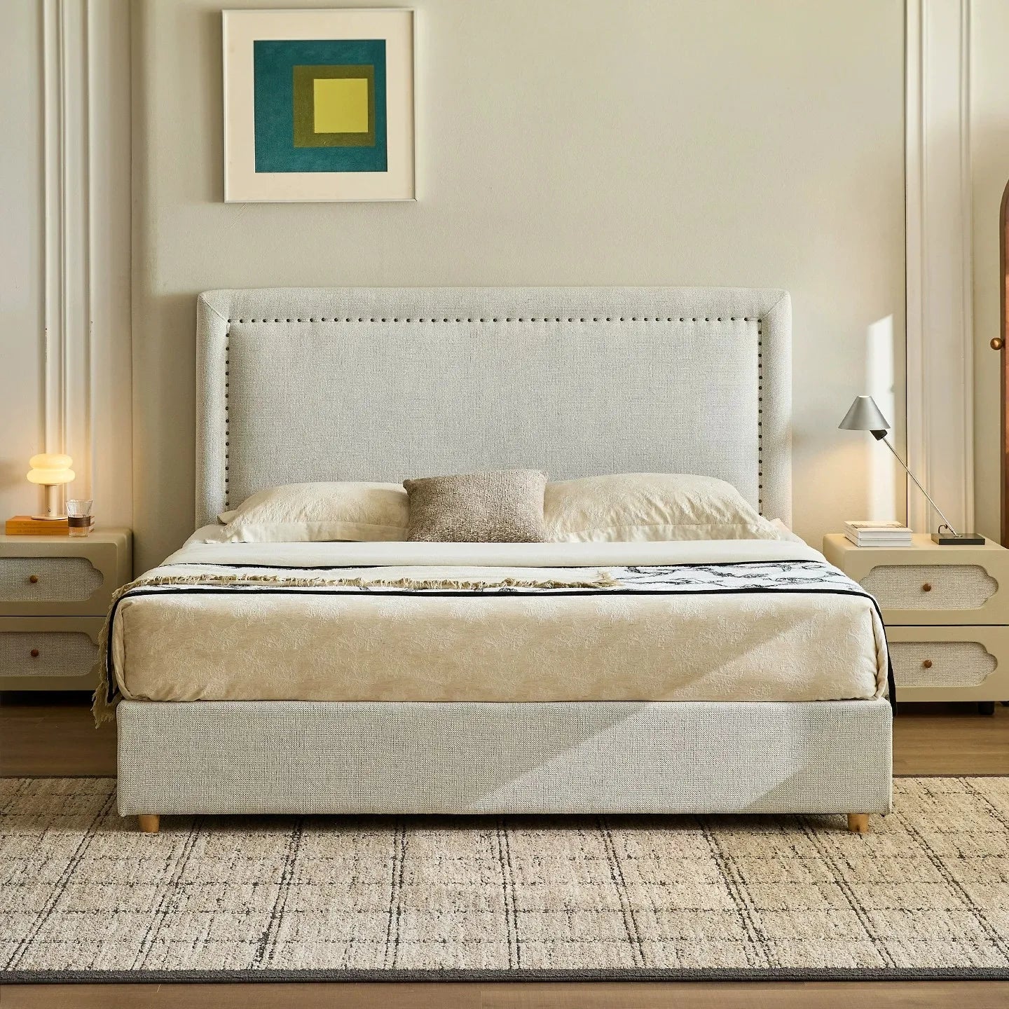 Upholstered Bed – High-Backrest Rice White Chenille Modern Statement Piece