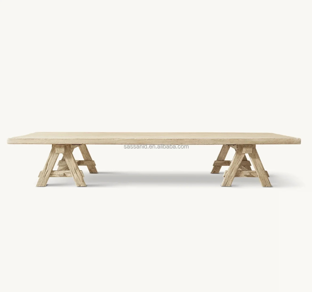 Reclaimed Elm Sawhorse Coffee Table – Sculptural Aged Oak Statement Piece