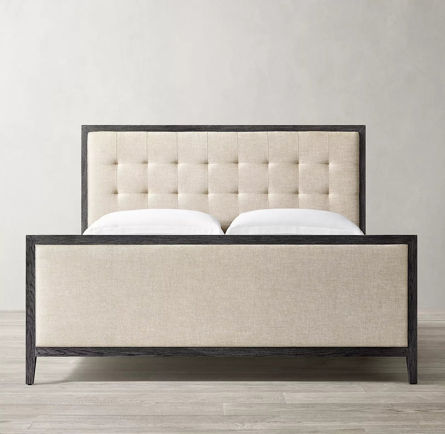 Upholstered Winged Panel Bed – Box-Tufted Headboard, Brushed Oak European Design