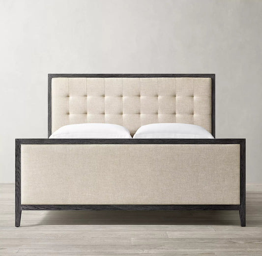 Upholstered Winged Panel Bed – Box-Tufted Headboard, Brushed Oak European Design