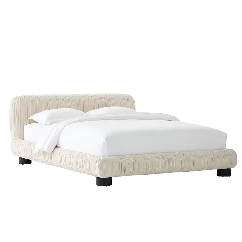 Upholstered Bed – Pleated Cream Velvet Minimalist French Vintage Style