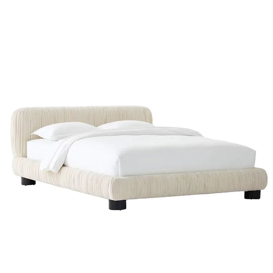 Upholstered Bed – Pleated Cream Velvet Minimalist French Vintage Style