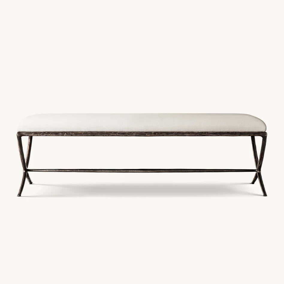 Contemporary Bedroom Bench – Hand-Forged Metal X-Base Fabric Seat – Italian Style