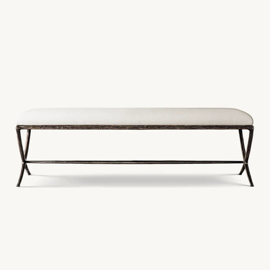 Contemporary Bedroom Bench – Hand-Forged Metal X-Base Fabric Seat – Italian Style