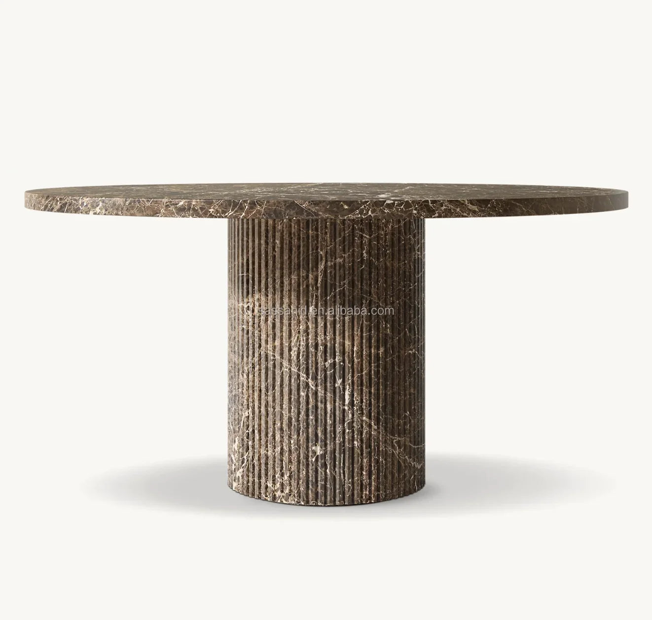 Sassanid Round Dining Table – Reeded Stone Base, Brown Emperador Marble