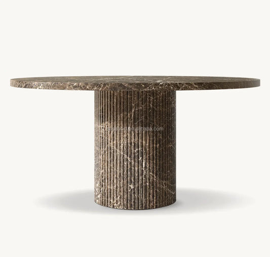 Sassanid Round Dining Table – Reeded Stone Base, Brown Emperador Marble