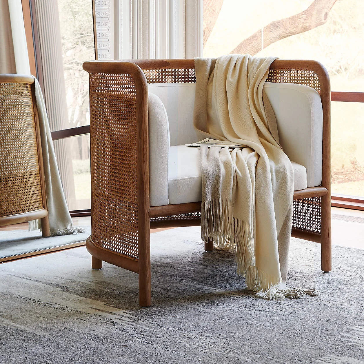 Cane Back Accent Chair – Natural Oak Frame with Performance Fabric