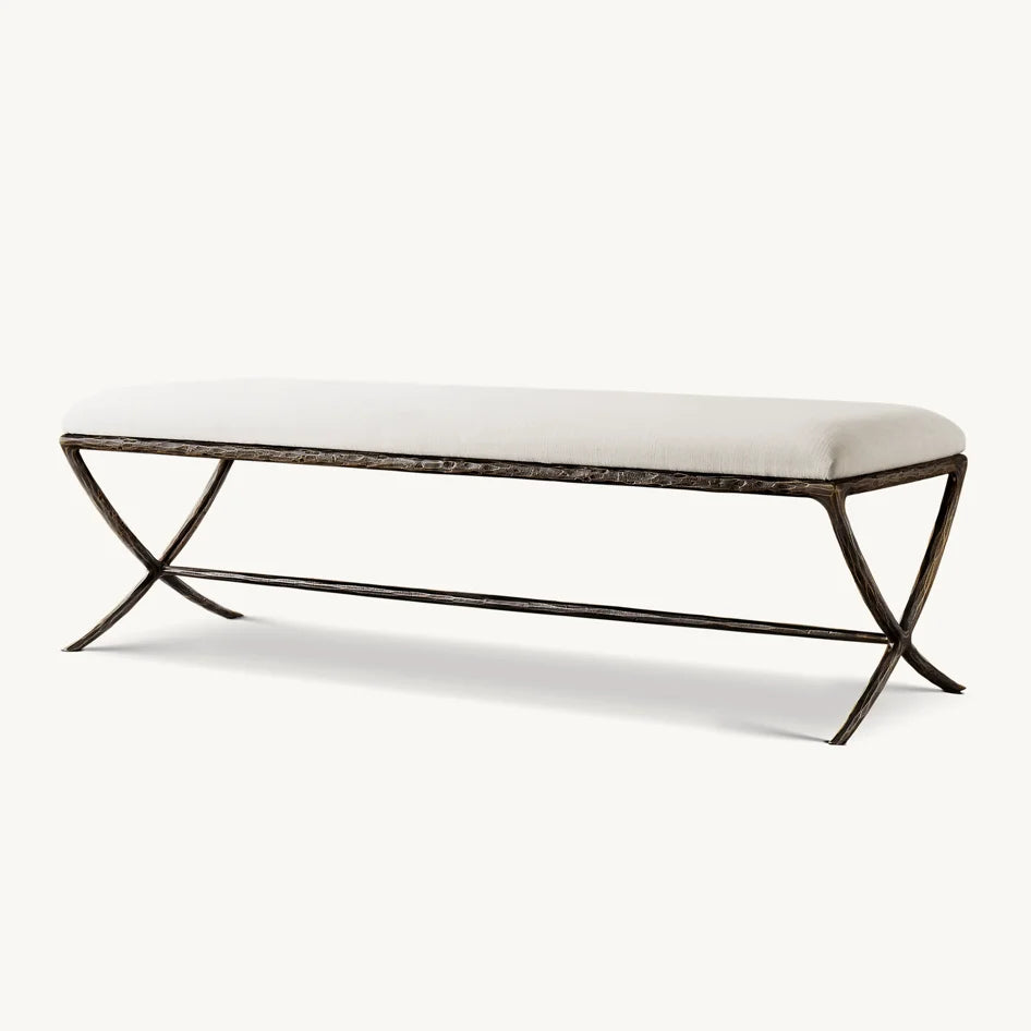 Contemporary Bedroom Bench – Hand-Forged Metal X-Base Fabric Seat – Italian Style