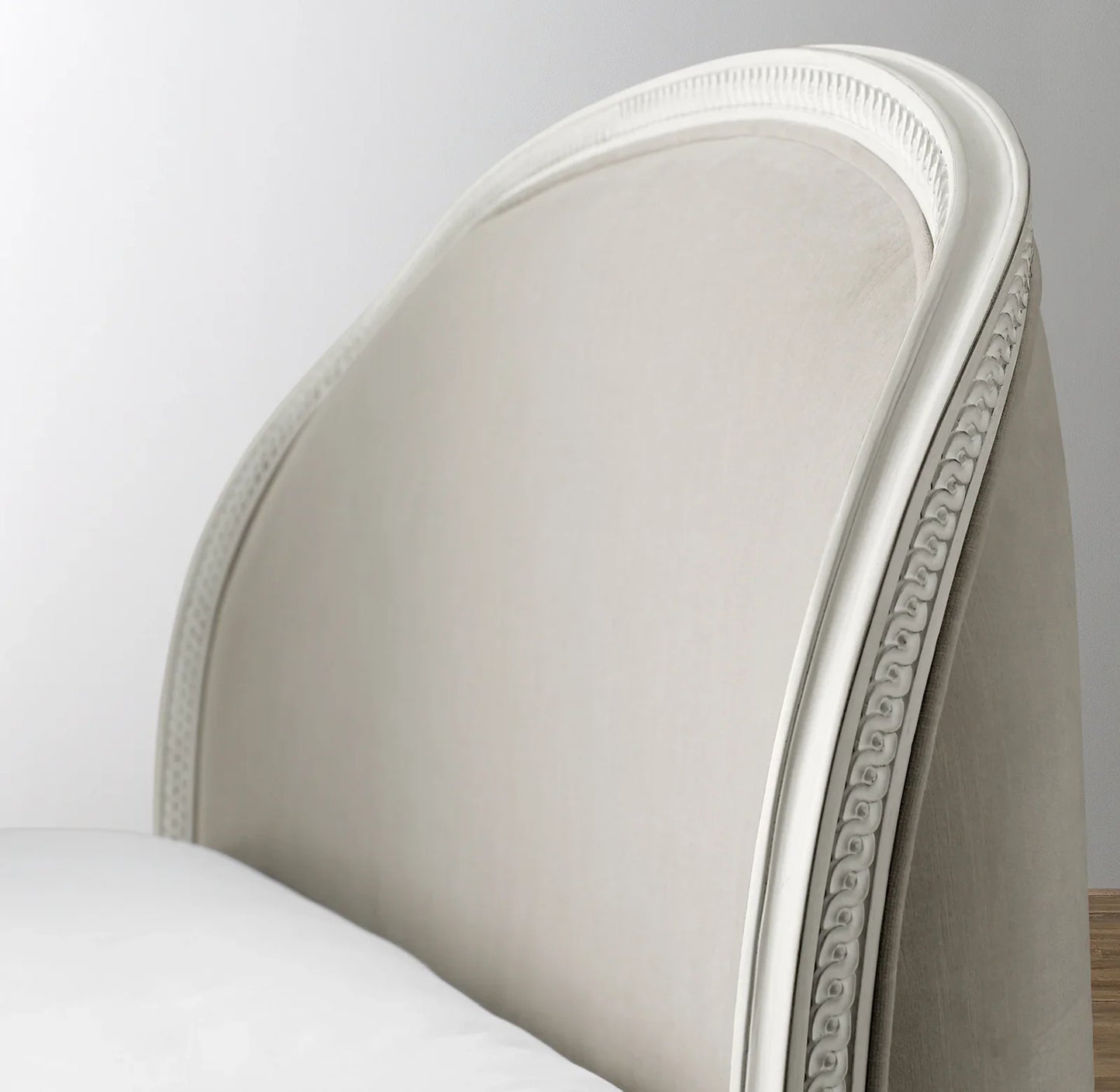 French Provincial Kids Upholstered Bed – Aged White Slipcovered Statement Piece