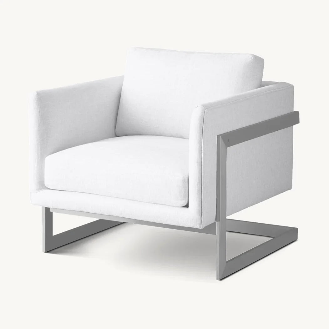 Modernist Lounge Chair – Grid-Tufted Cushion – Polished Steel – Milo