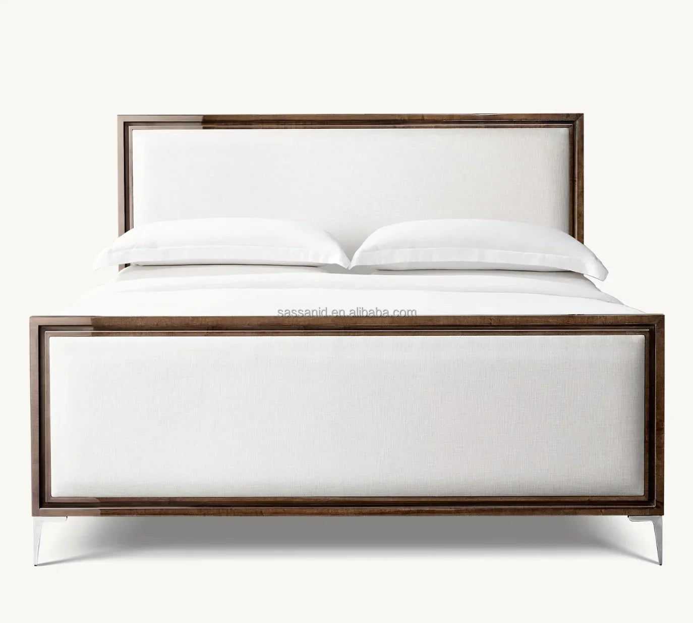 Benoit Fabric Panel Bed – Sculptural Platform Design in Lacquered Finish & Polished Stainless Steel – Contemporary Statement Piece